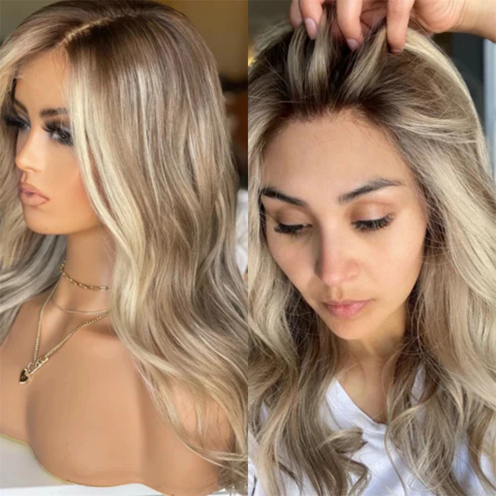 

Natural Body Wave Wig 13x4 Ombre Ash Blonde Balayage Highlights Wig with Roots Washable Synthetic Glueless Wig Party Daily Wigs
