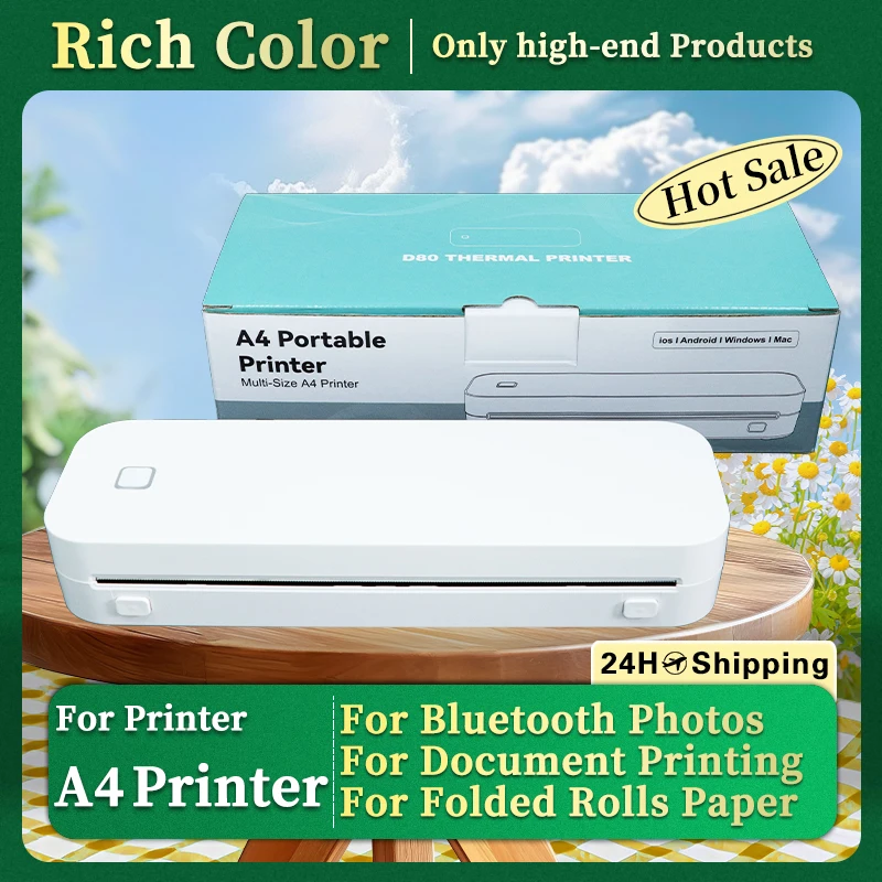 

Portable A4 Thermal Printer Bluetooth Photos Document Printing Machine Folded Rolls Paper For Office Work Home School Travel