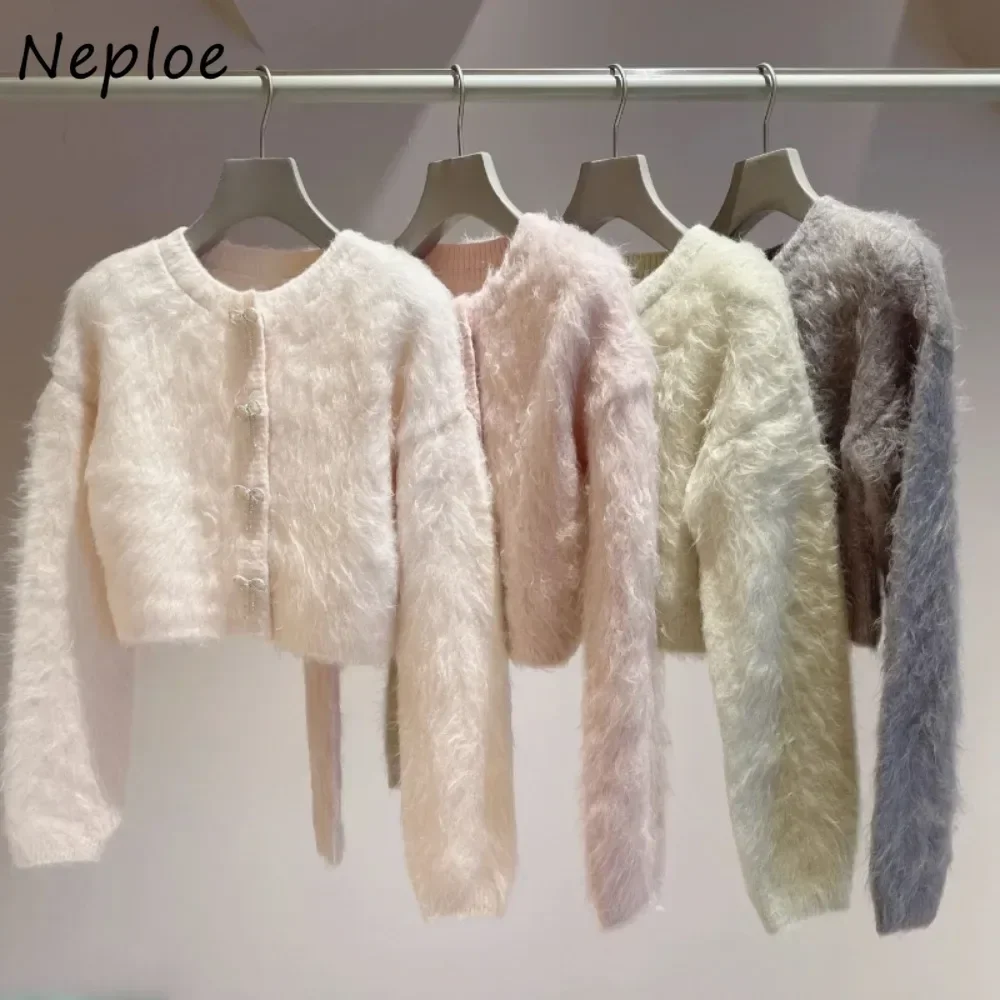 Neploe New V Neck Long Sleeve Fur Bow Cardigan Pure Desire Wind Sweet French Jumper Japanese Short Fluffy Knit Exquisite Mujer