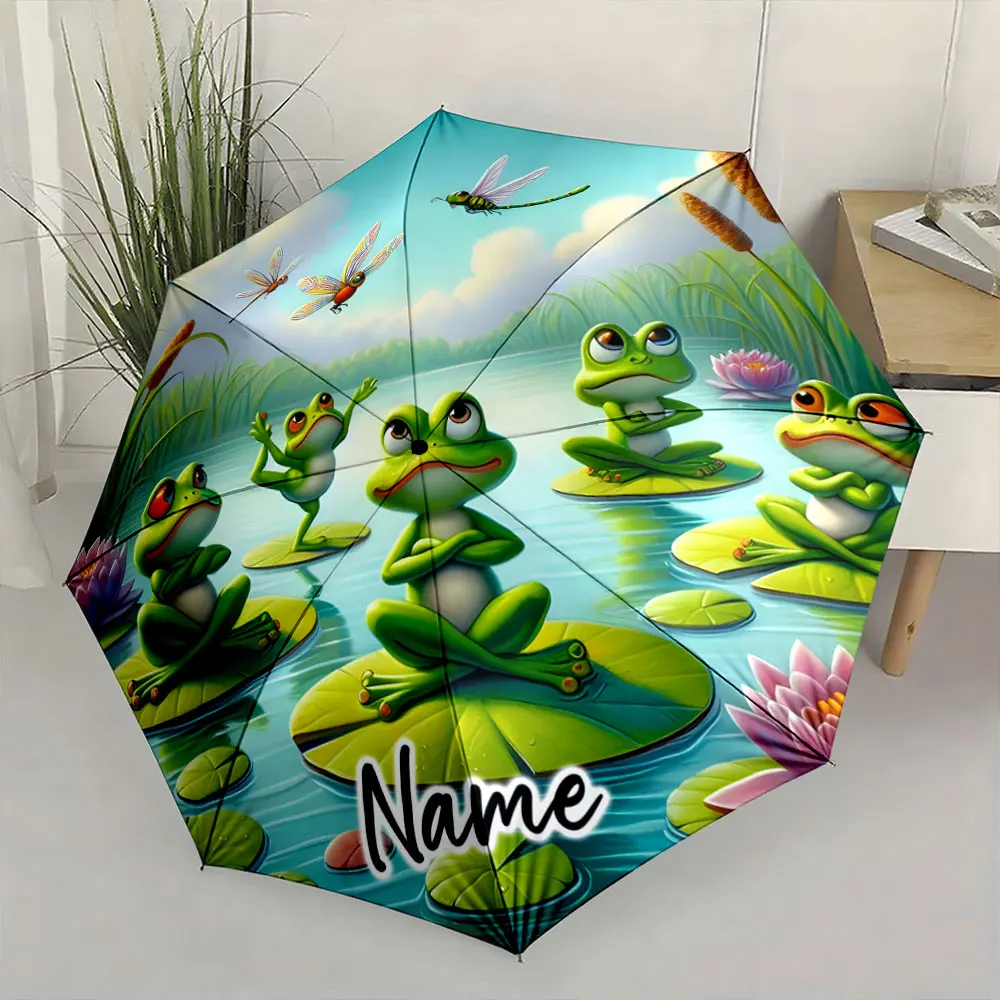 Custom Name Frogs and Dragonflies: A Playful Umbrella Design Print 8 Iron Ribs Folding Umbrella Auto-Open Fashion Sunshade