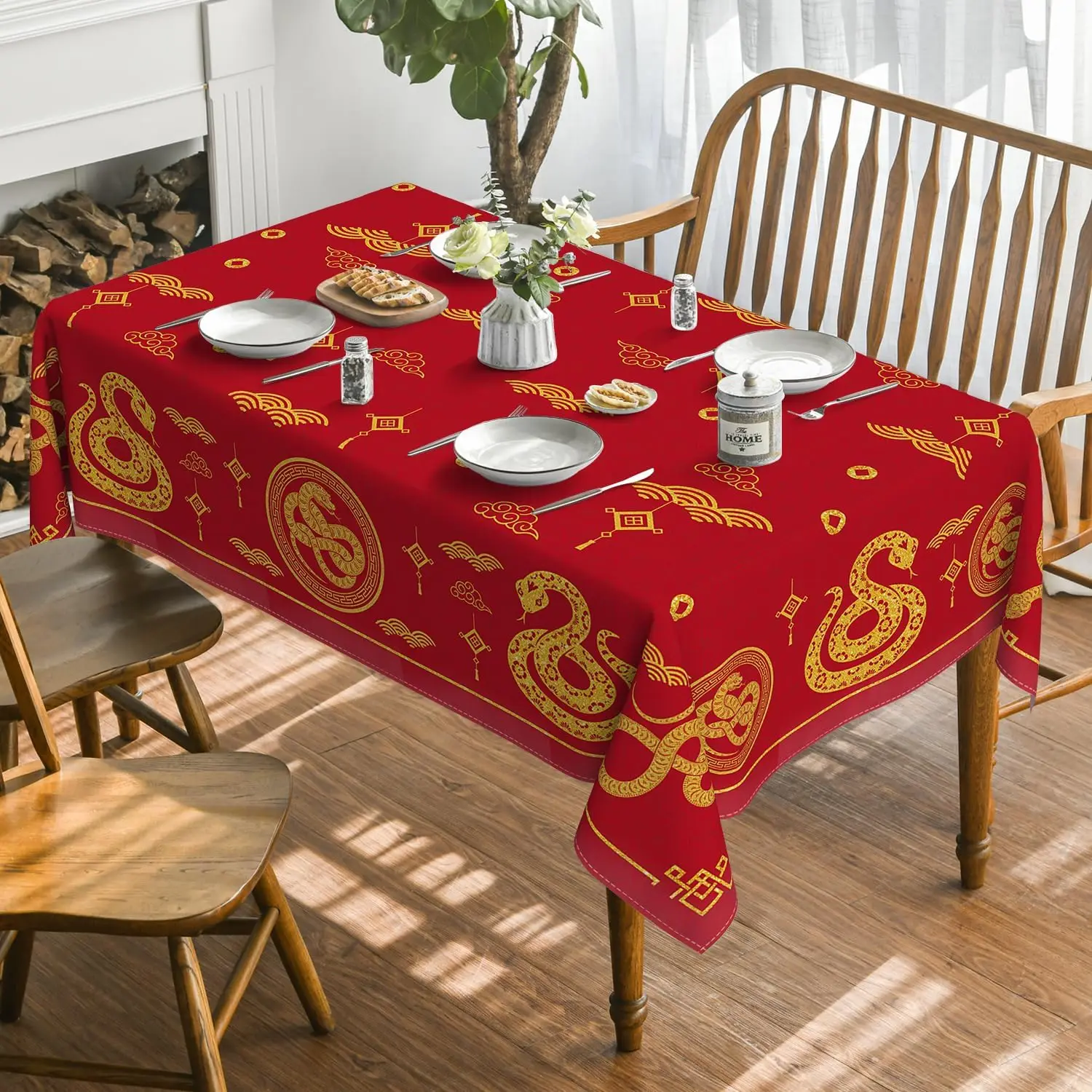 Chinese Snake Lunar New Year Rectangle Waterproof Tablecloth Party Decor Reusable Kitchen Dining Tablecloth New Year Decorations