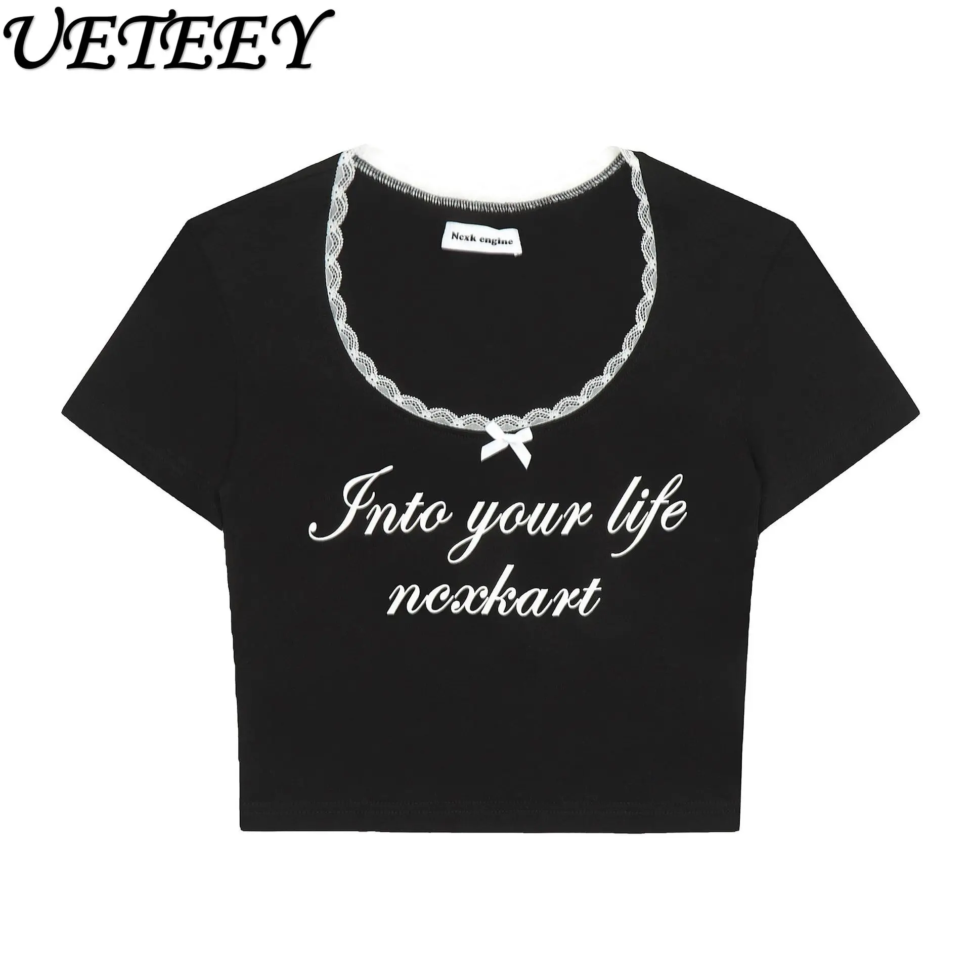 

Милая универсальная короткая футболка с круглым вырезом для девушек, Новинка лета 2024, Милая футболка в американском стиле, топ с коротким рукавом и вышивкой для похудения