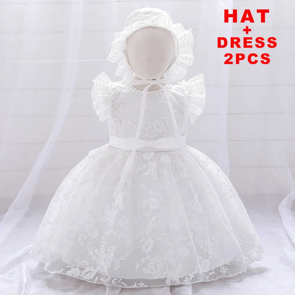 Toddler Christening Gown With Hat 1st Birthday Baby Dress Children Newborn Baptism Baby Girl Summer Party Princess Dress Evening