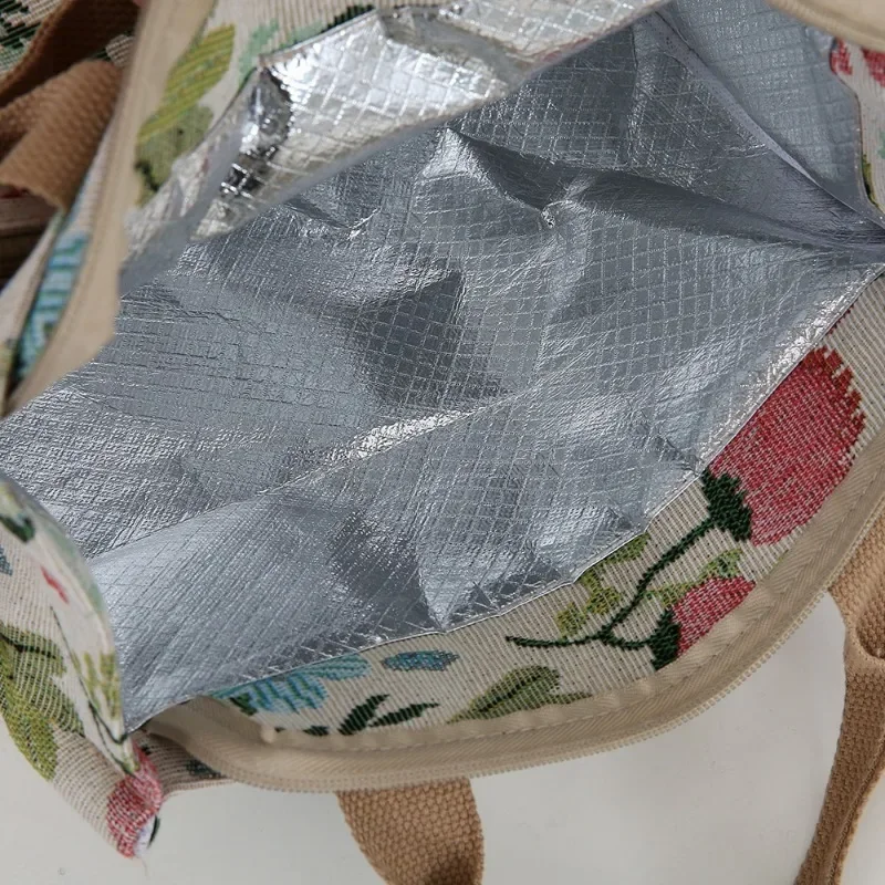 حقيبة غداء جاكار محبوكة سميكة وصلت حديثًا بسعة كبيرة، تتميز بطبقة عازلة من رقائق الألومنيوم وإغلاق بسحاب