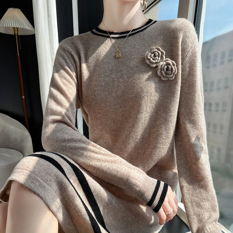 Fall/Winter New Cashmere Dress Women's Loose Pullover Colour-matching Sweater Skirt Long Pure Wool Sweater