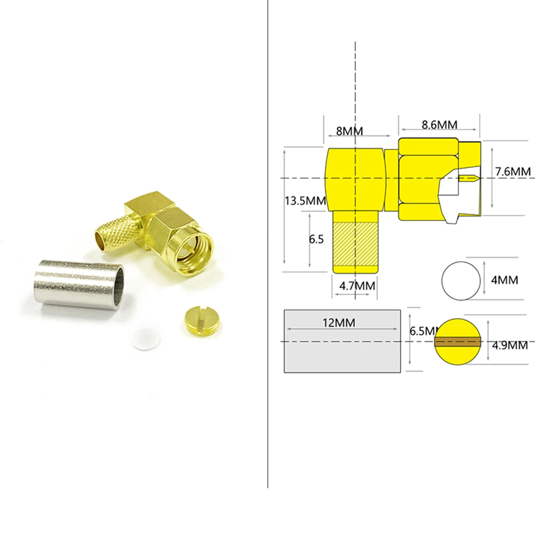 1pc SMA  Male Plug Right Angle RF Coax Connector Crimp for RG58 RG142 RG400 LMR195 Cable Goldplated 50Ohm NEW Wholesale