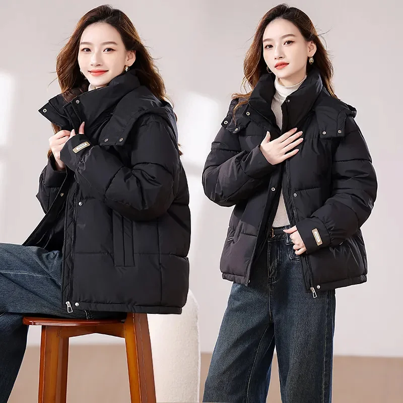 패션 짧은 코튼 패딩 재킷 여성 겨울 2025 신상 후드 다운 코트 여성 파카 한국 브레드 아우터 여성용 따뜻한 오버웨어