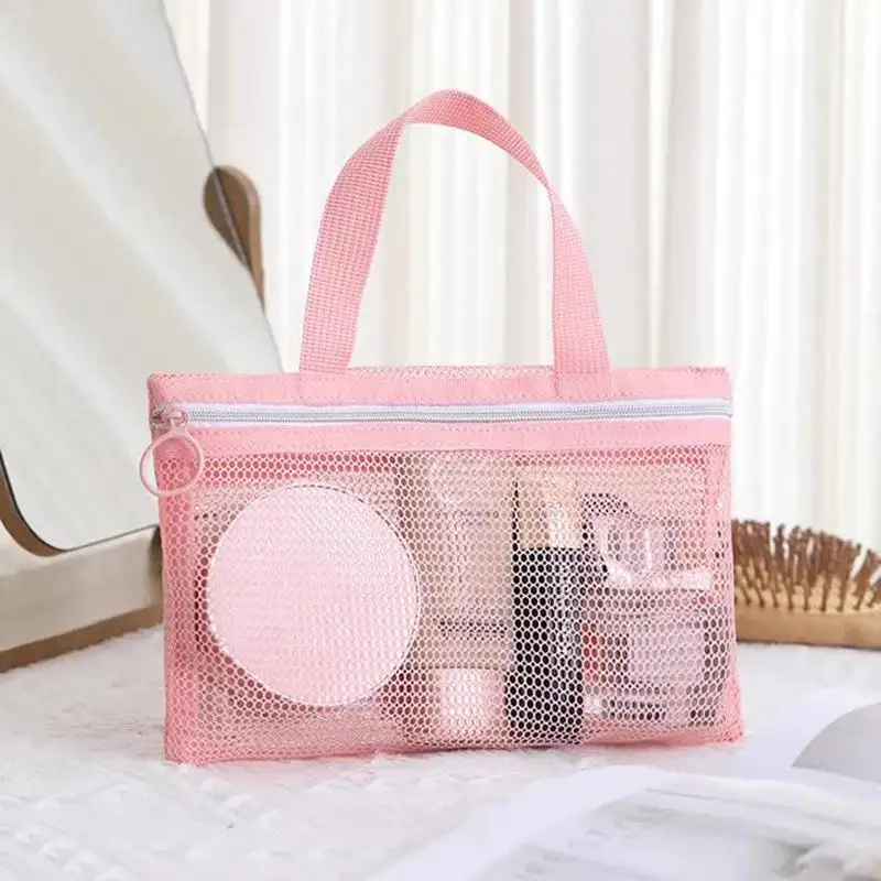 Pink Mesh Multi-pocket Mini Makeup Bag Swimming Bag Portable Travel Storage Bag Portable Bath Bag  One Pack
