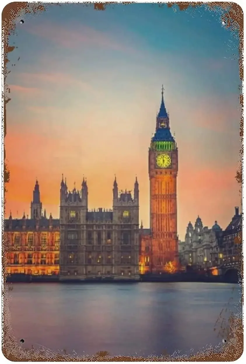 Fairy View of Big Ben and Houses of Parliament at Dusk in London British Urban Town,Tin Sign Wall Iron Painting Wall