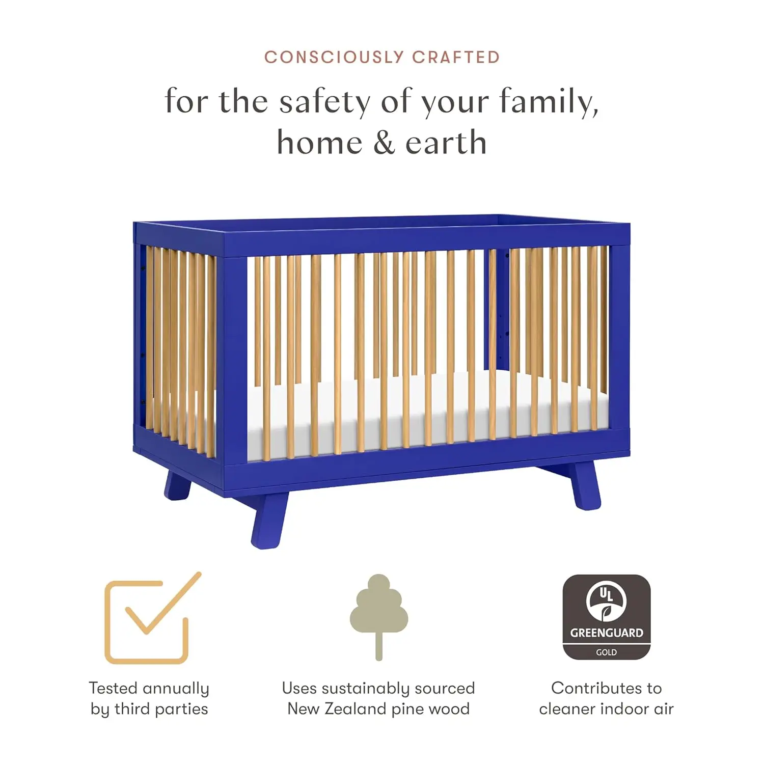 Babyletto Hudson 3-in-1 Convertible Crib with Toddler Bed Conversion Kit in Cobalt and Honey Greenguard Gold Certified