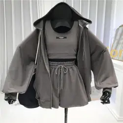 Casual Shorts Three 3 Piece Sets Women Hoodie Sweatshirt Shorts Suit Activewear Vest Drawstring Shorts Hooded Jacket Sportswear