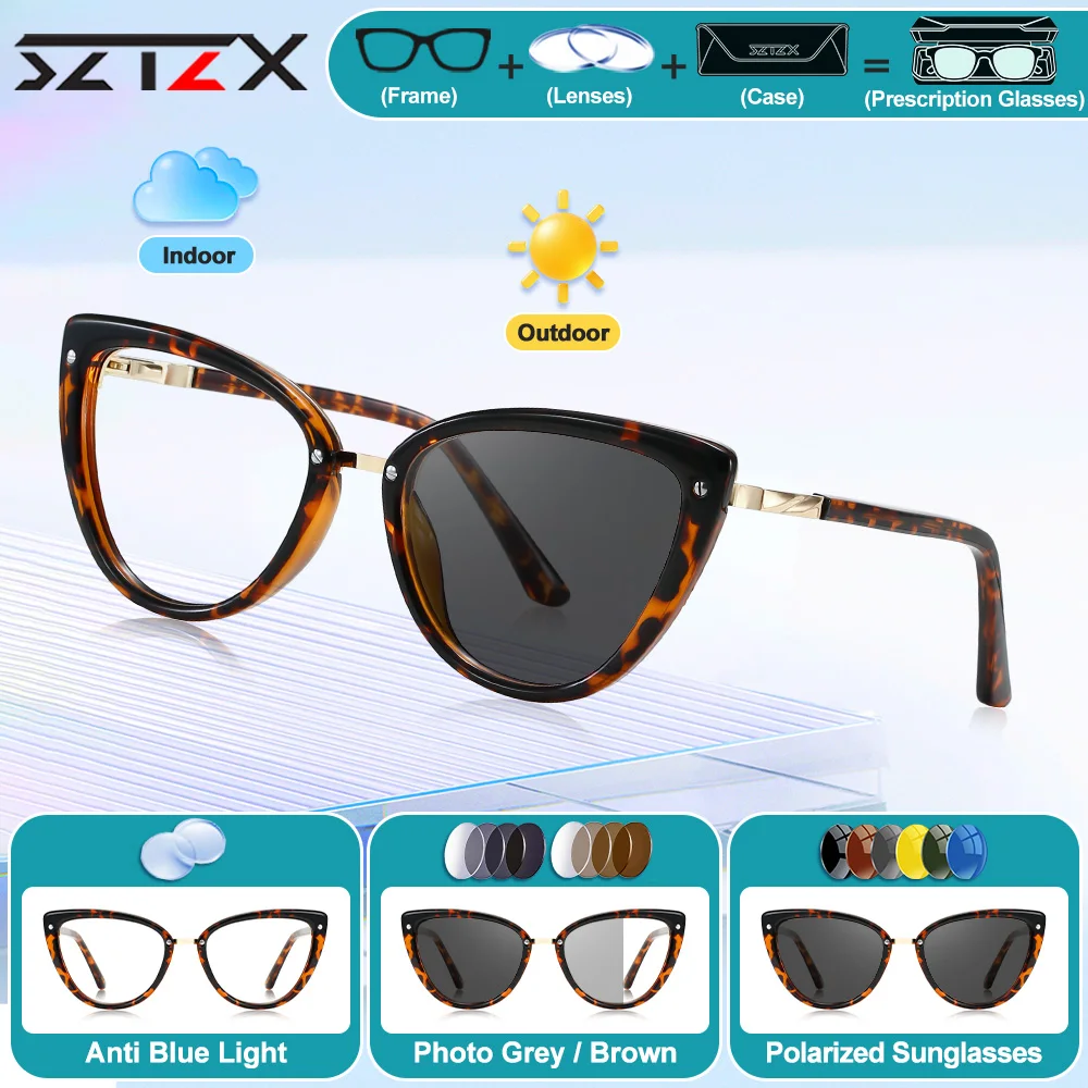 

SZTZX Currents Cat Eye Frame Workplace Anti Blue Ray Prescription Reading Glasses Women Myopia Photochromic Progressive Eyeware
