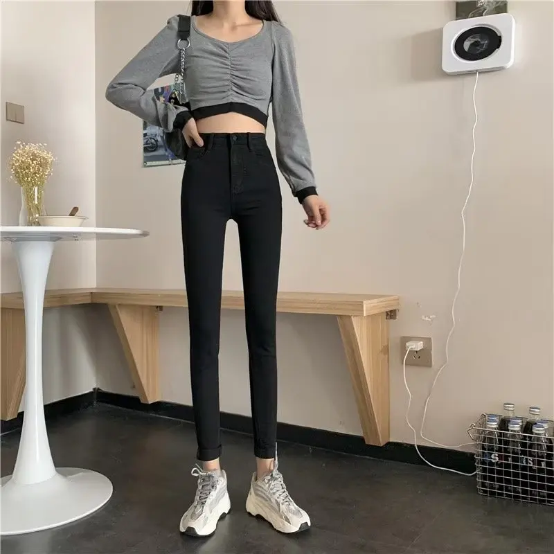 

Slimming High Waist Jeans Women's Tight Fit Spring Autumn Long Pants Cotton Stretch Denim Wear Resistant Deep Color