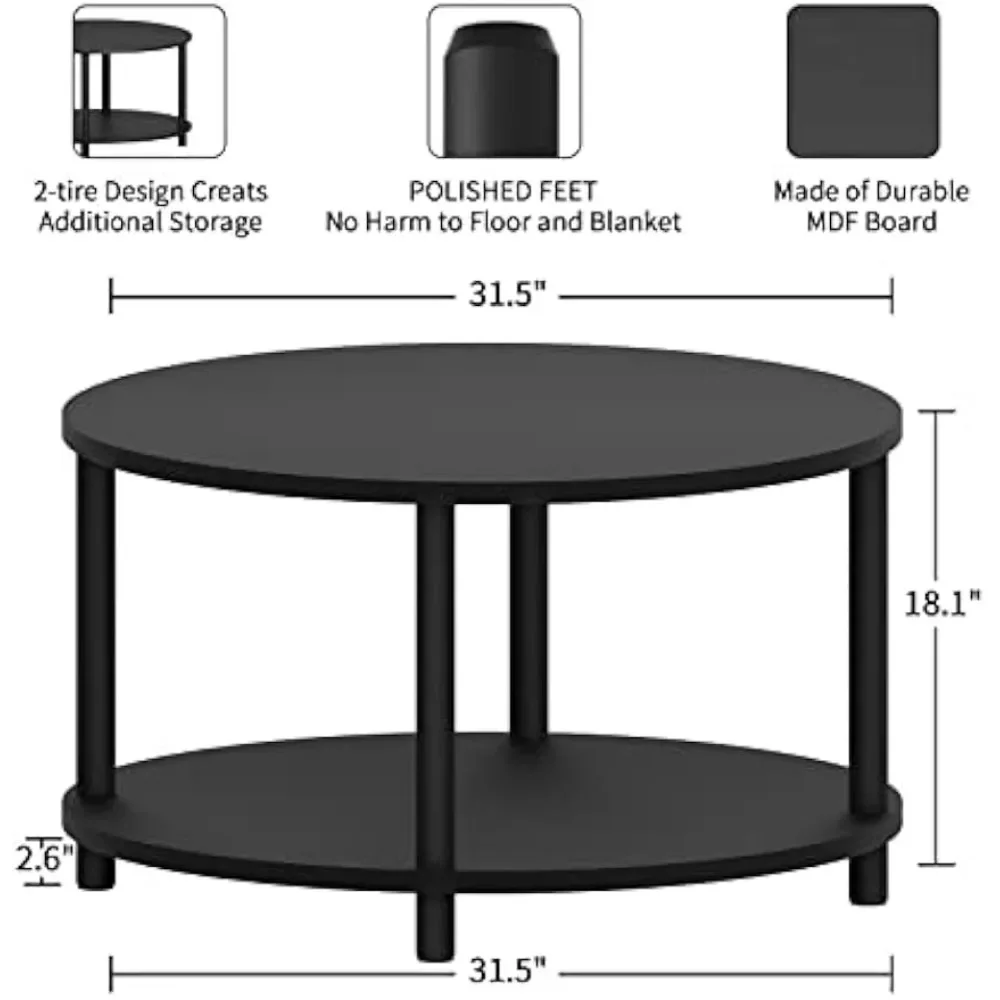 Tavolino rotondo per soggiorno, tavolino da caffè in legno nero a 2 livelli da 31.5 ''con ripiano aperto per ufficio/Reception