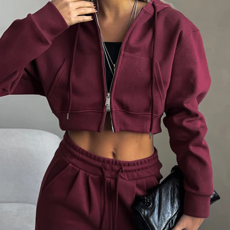 Women\'s Two-piece Solid Color Long Sleeved Zipper Hooded Top Casual Pants Set 2024 Autumn/winter