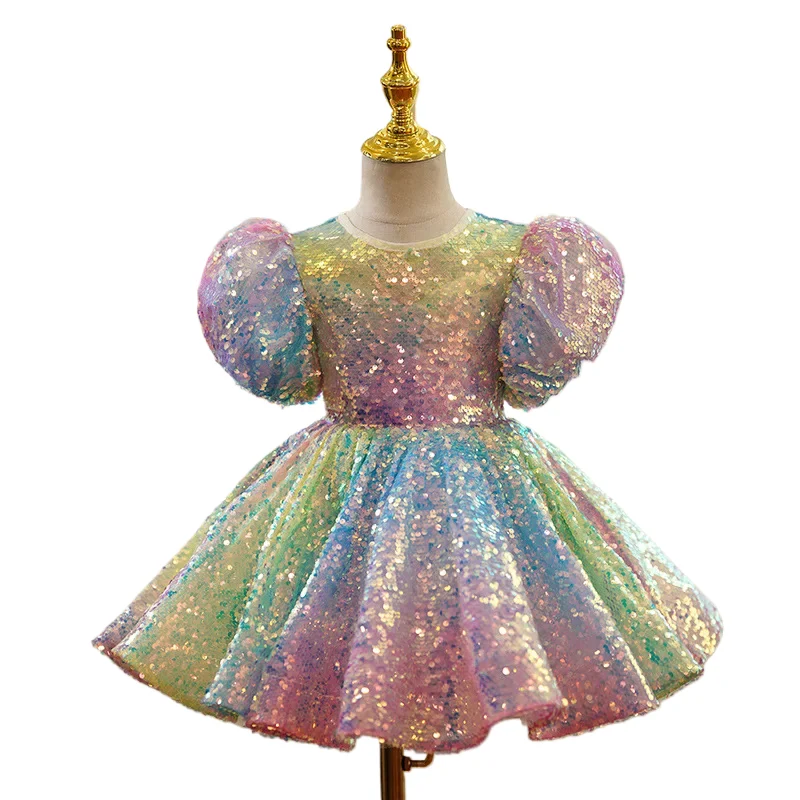 Vestido de lentejuelas para niña, ropa de fiesta de cumpleaños, mangas abullonadas, brillantes, Pastel, ombré