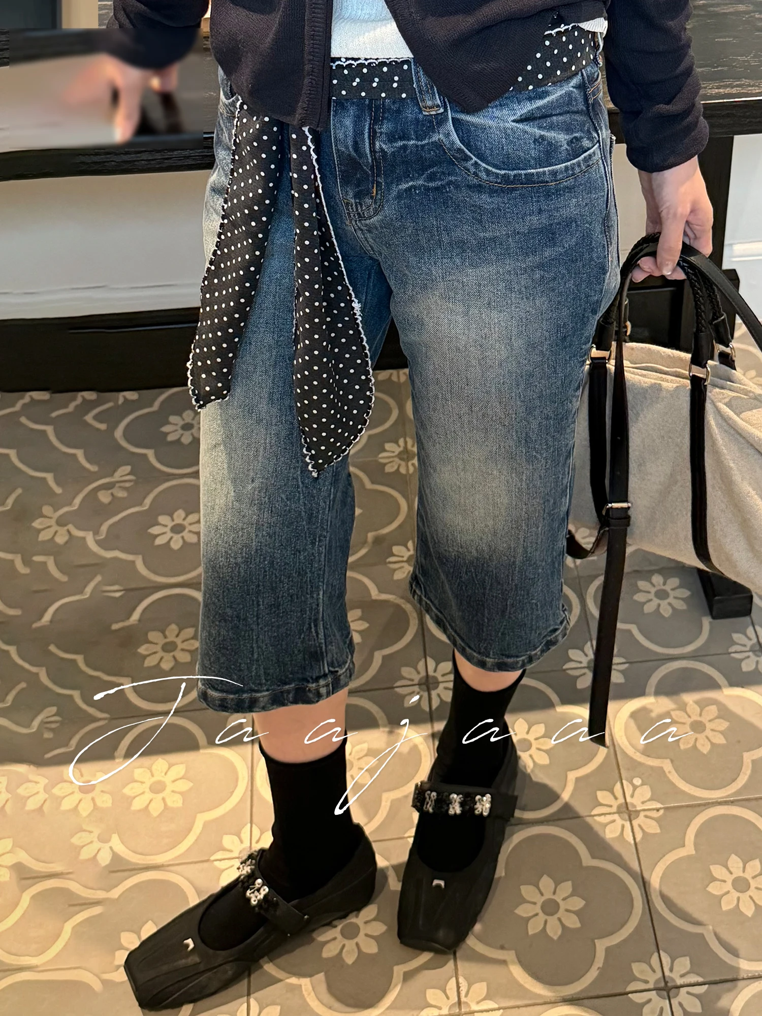 

Jaajaaa American Style Vintage Washed Slim Straight Jeans with Belt Mid-Pants Natural Waist Cotton Soft Breathable Ladies Jeans