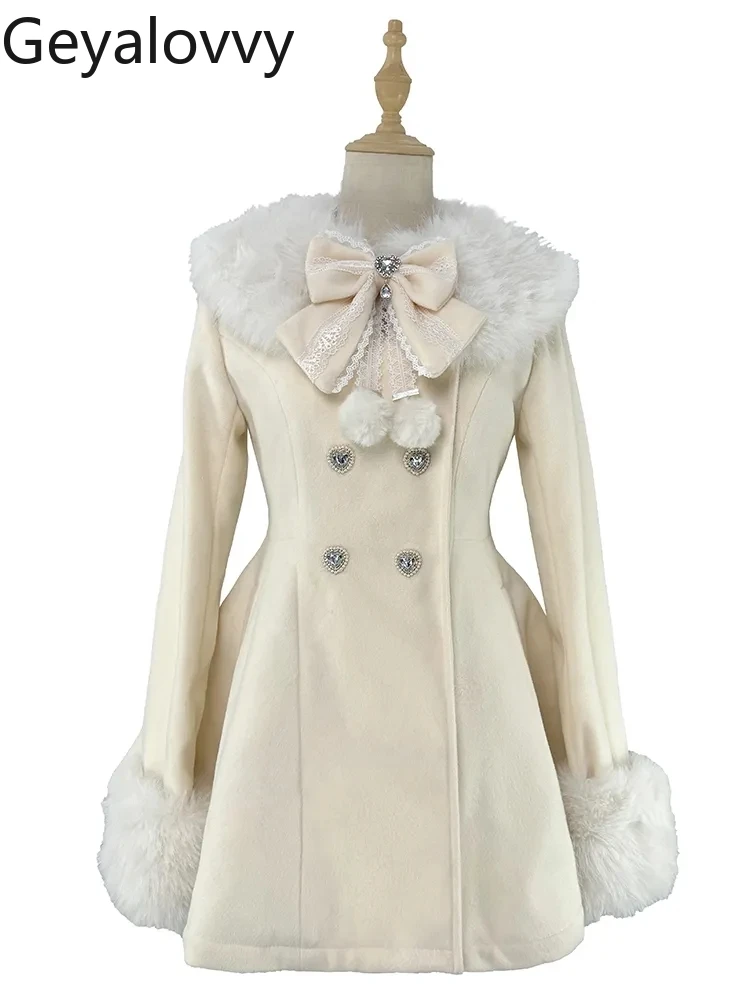 

Bow Waist Cinching Wool Coat for Women Autumn Winter New Double-Breasted Detachable Fur Collar Slim Fit Mid-Length Woolen Jacket