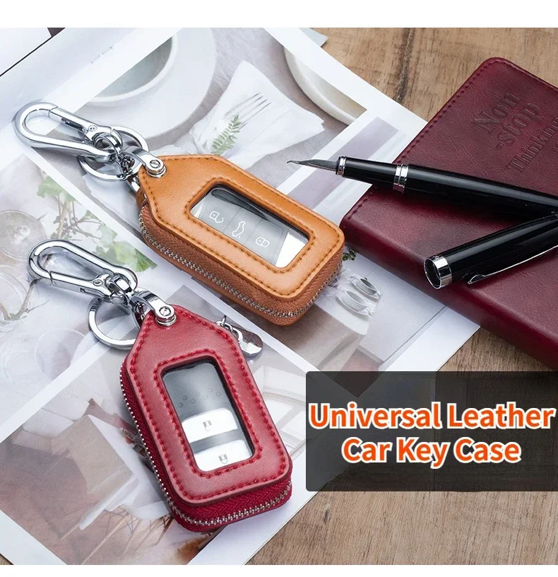 GEFENSI Luxurious Leather Zipper Square Home Car Key Holder Transparent Window Key Bag Case Wallet Key Chain Women Home Car Orga