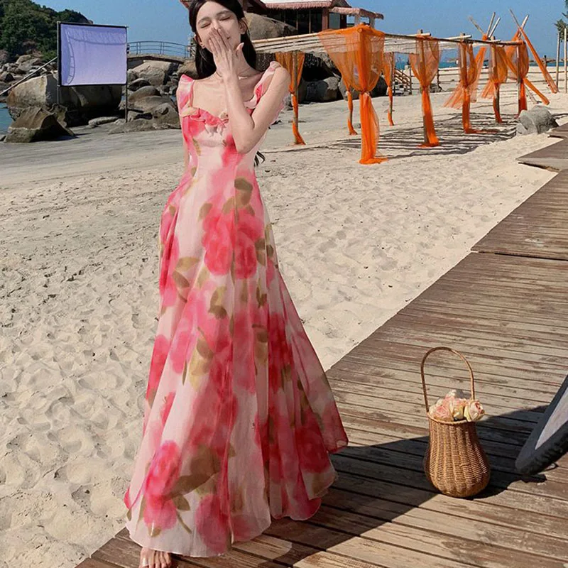 

Vintage Chiffon Long dress Women 2024 Summer New Korea Elegant Rose Print Beach dresses Seaside Holiday Oversized Robe Vestidos