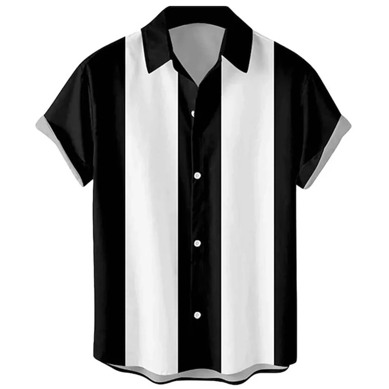 Camisas casuales a rayas para hombres, camisas de playa hawaianas, camisa de botón de patrón minimalista de moda, camisas estampadas de dibujos