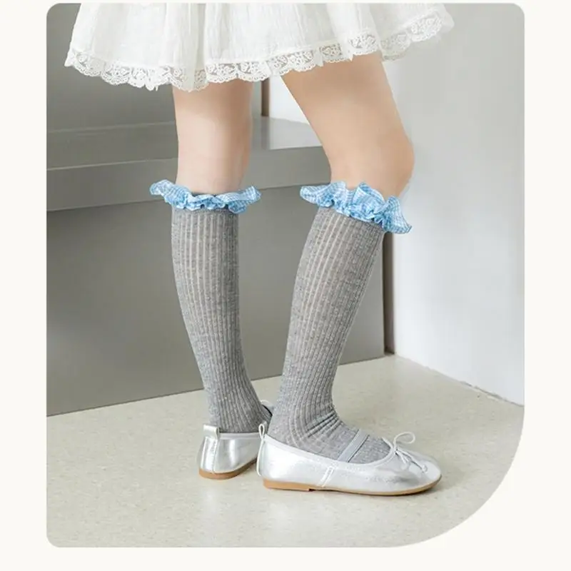 

U13F Fashionable Checkered Under Knee Socks Girls Soft Lace Accent Long Tube Socks Elastic Cotton Fabric Hosiery Daily
