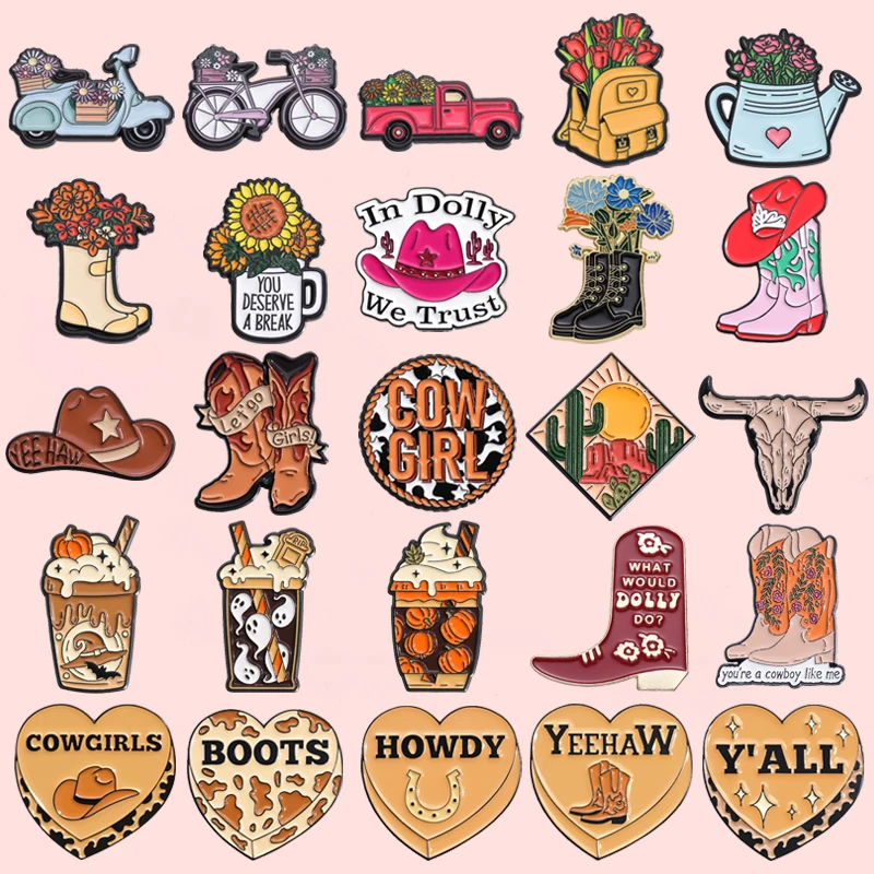 

Cowgirl Hat Boots Enamel Pin Western Mexican Cactus Bull Head Lapel Badges Decor For Shirt Brooch Jewelry Gift For Women Friend