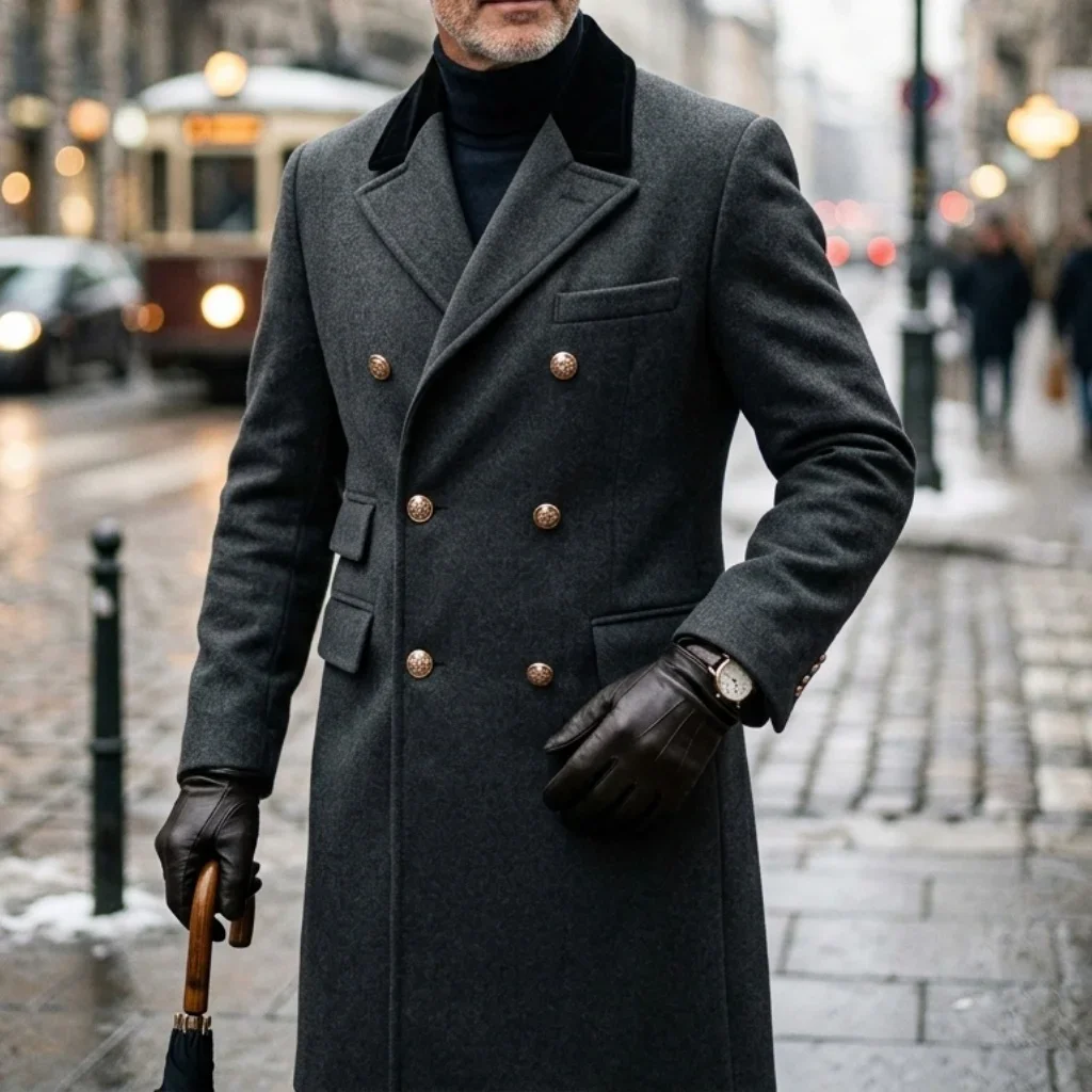 Neuer Winter-Herren-Doppelreihiger Trenchcoat mit Kontrastfarben-Design, Casual/Streetwear, Mehrere Taschen, Warme Winddichte Jacke – Detail 6