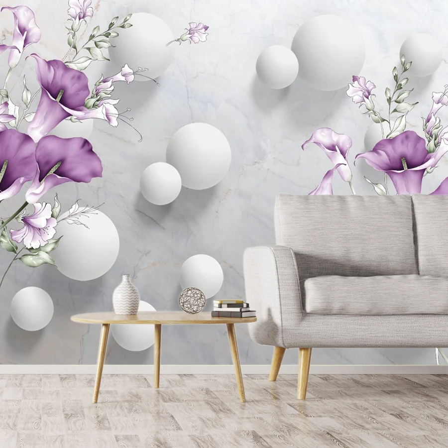 

Removable Optional Photo Wall Covering Papers Home Decor Wallpapers for Living Room Purple Floral Blossom Marble TV Background