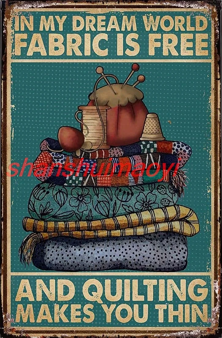 Vintage Metal Sign Look Fabric And Quilting Makes You Thin Signs Bathroom Sign Retro Farmhouse Home Restroom Toilet 8x12 SH sign