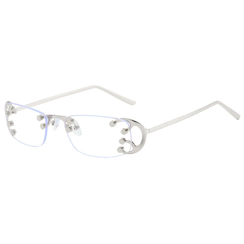 Studded Rimless Metal Frame Sunglasses Retro Rectangular UV400 Sun Glasses Y2K Shades Fashion Eyewear for Daily & Party Gafas