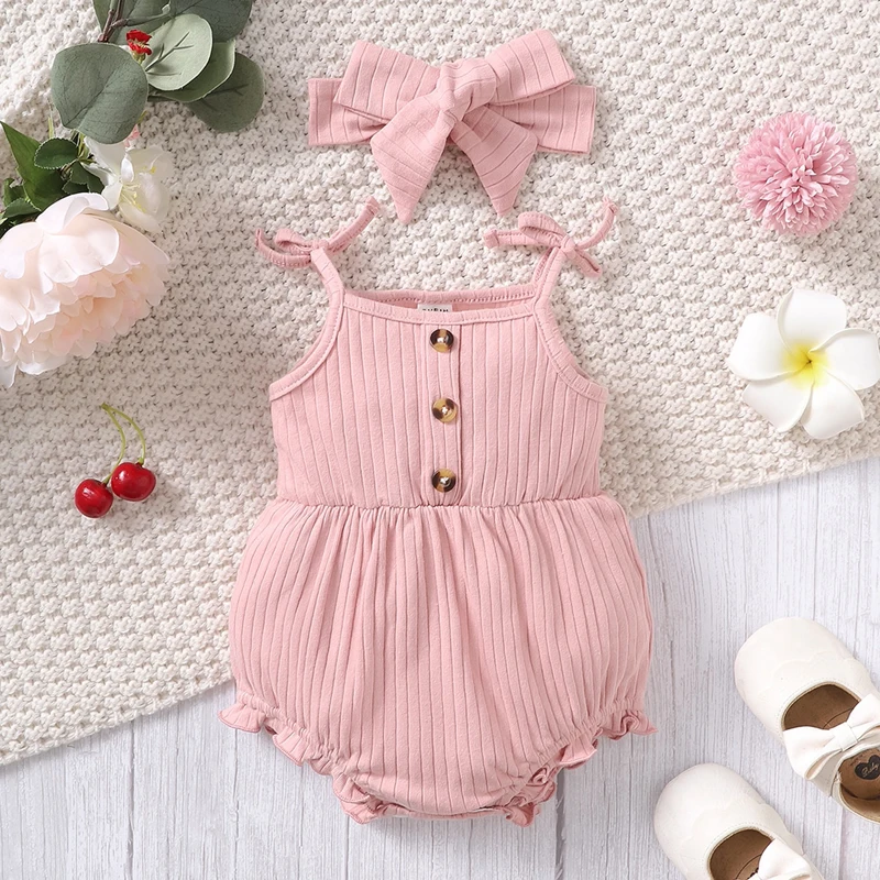 2024 New 0-9 Months Pink Cute Baby Romper Newborn Baby Girl Suspender Triangle Bodysuit with Headband 2PCS Clothes for Baby Girl