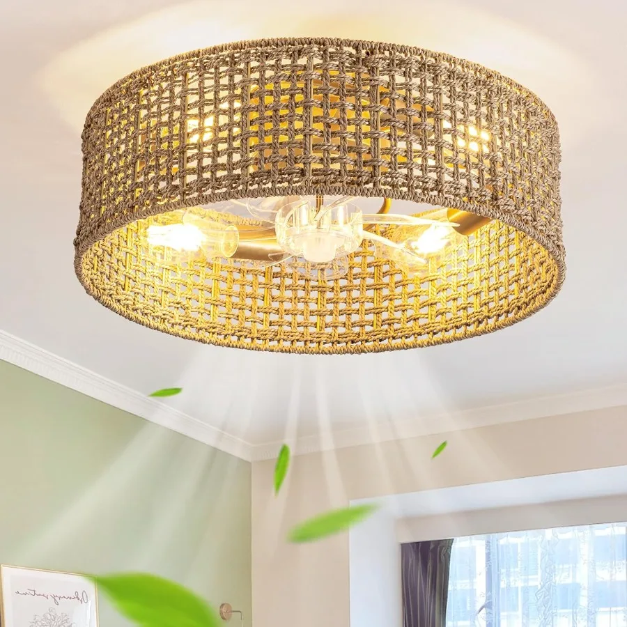 Fandelier Ceiling Fan with Light 20 Inch Rattan Fans Remote Control Boho CagedHandwovenFlush Mount Low Profile 6 Speeds for Bed