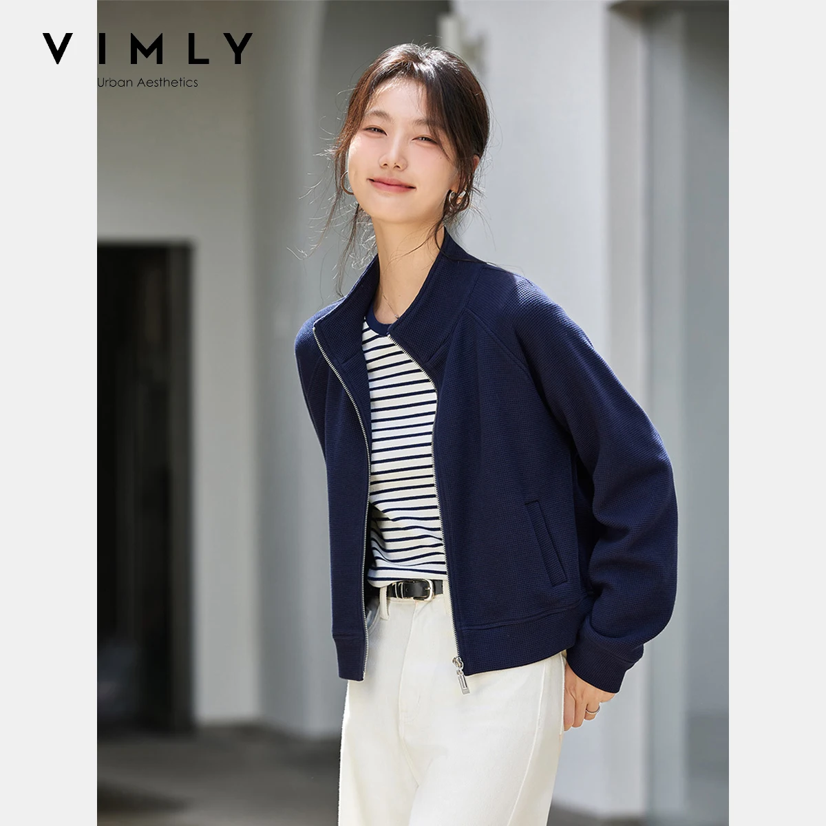 VIMLY Woman Short Jackets Autumn 2025 Elegant Office Wear Long Sleeve Stand Solid Zippers New Ladies Coats Woman Clothing A2037