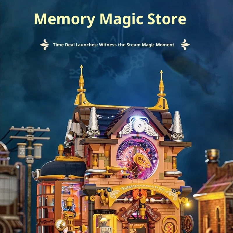 

Модель строительного блока, лампа и стимпанк, серия памяти, волшебный магазин, студия, сборка строительных блоков с видом на улицу