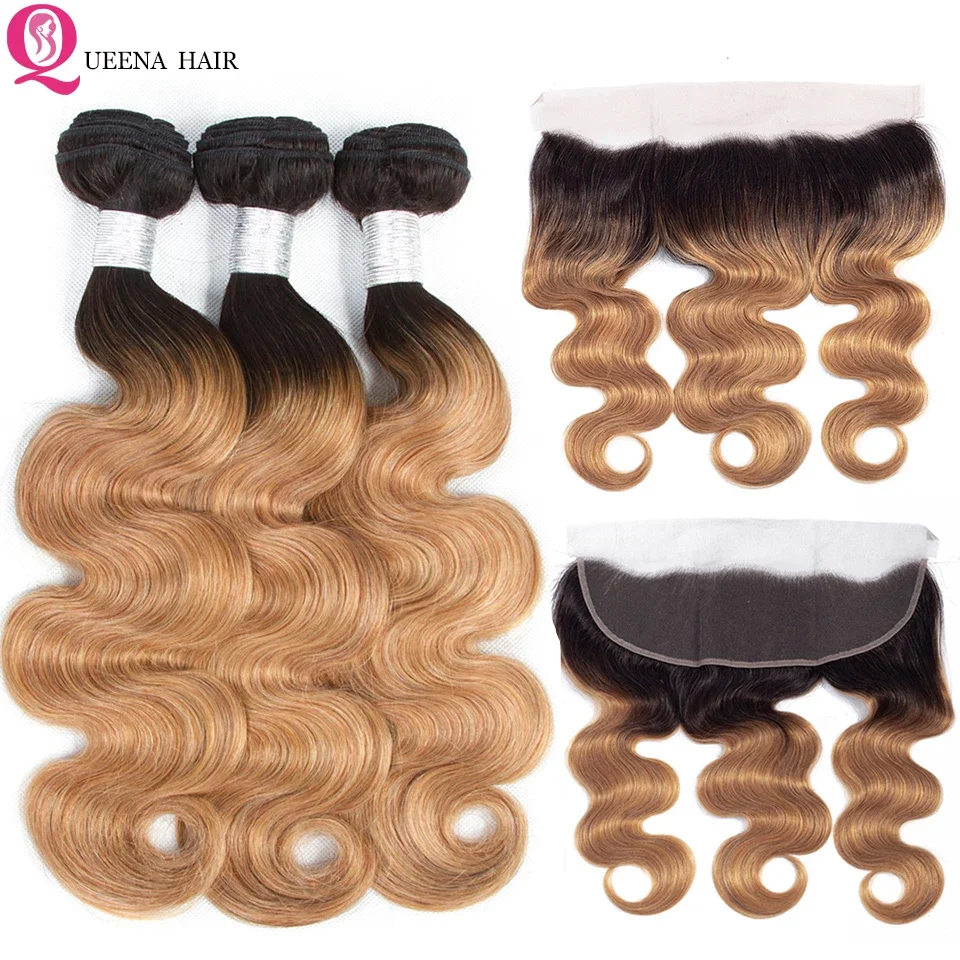 1B/27 Zestawy surowych włosów 100% ludzkich włosów Ombre Body Wave Hair Weave Bundles Frontal Z 2/3/4 Bundles With 13x4 Lace Frontal Remy