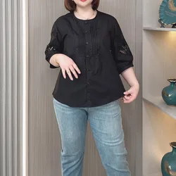 Hollow Embroidery Half Sleeve Shirt Women's Summer New Plus Size Loose Temperament Top