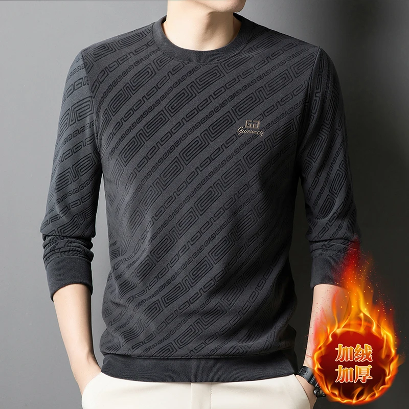

New Autumn and Winter Style Men's Round Neck Long Sleeved Sweatshirt Made of Fleece Fabric, Business Casual Striped Warm Top