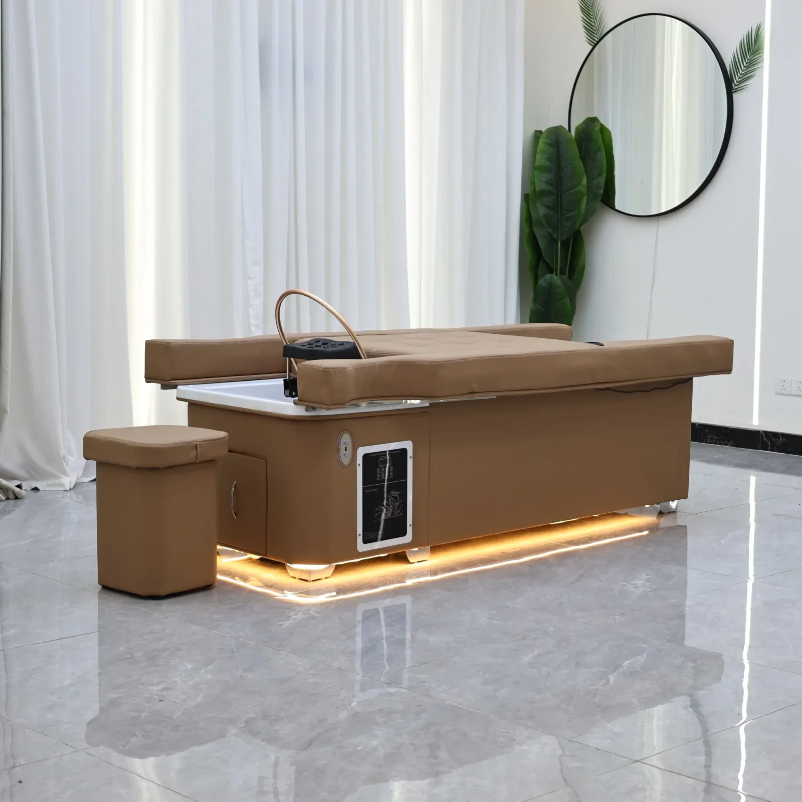 Elektrisches Shampoo-Liegebett in Erdtönen mit Massagefunktion – All-in-One-Salonstation mit Begasung, Fußbad und Haarwaschbecken – Detail 16