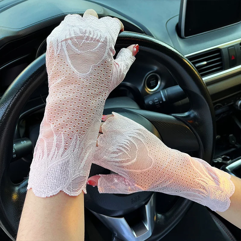 New Women Lace Gloves Elastic Spring Summer Sunscreen Short Fingerless Driving Gloves Sun Protection Half Finger Lace Mittens