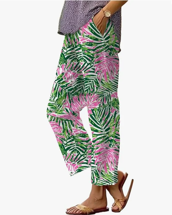 

Summer Linen Pants for Women Wide Leg Boho Pants Loose Palazzo Pants Floral Pants with Drawstring and Pockets