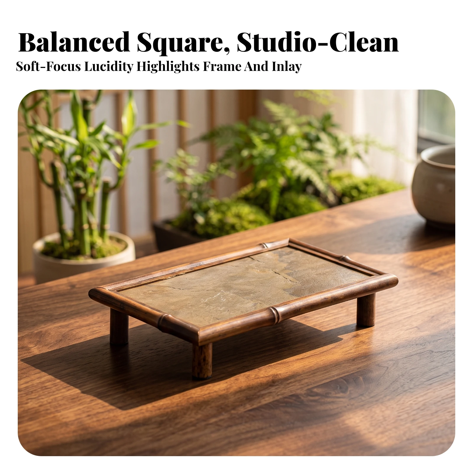 Tea Tray Table with Bamboo Frame Stone-Like Gongfu Tea Tray Furniture Raised Edges Easy to Clean
