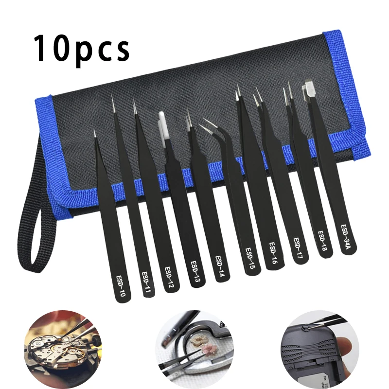 

10pcs Premium Anti-Static Tweezers Ultra-Precise Handmade Industrial Tools Making Home Repair Ergonomic Design Pros Hobbyists