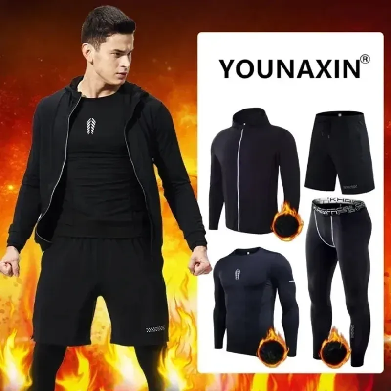طقم ملابس لياقة بدنية للرجال مكون من 4 قطع، ملابس شتوية حرارية دافئة مرنة سريعة الجفاف، ملابس رياضية لكرة السلة والجري واليوجا #1