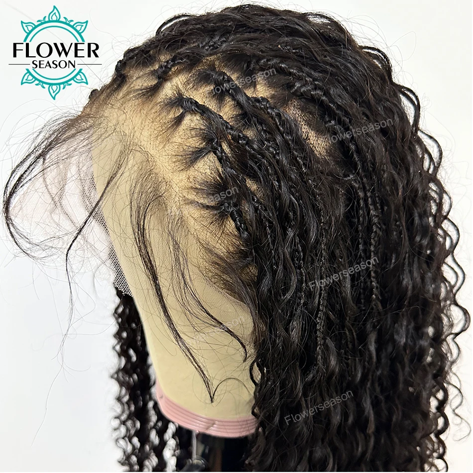 Braided Full Lace Wigs 100% Human Hair Transparen Lace Braided Wig 300%Density Knotless PrePlucked Boho Box Braid Wigs Curly End