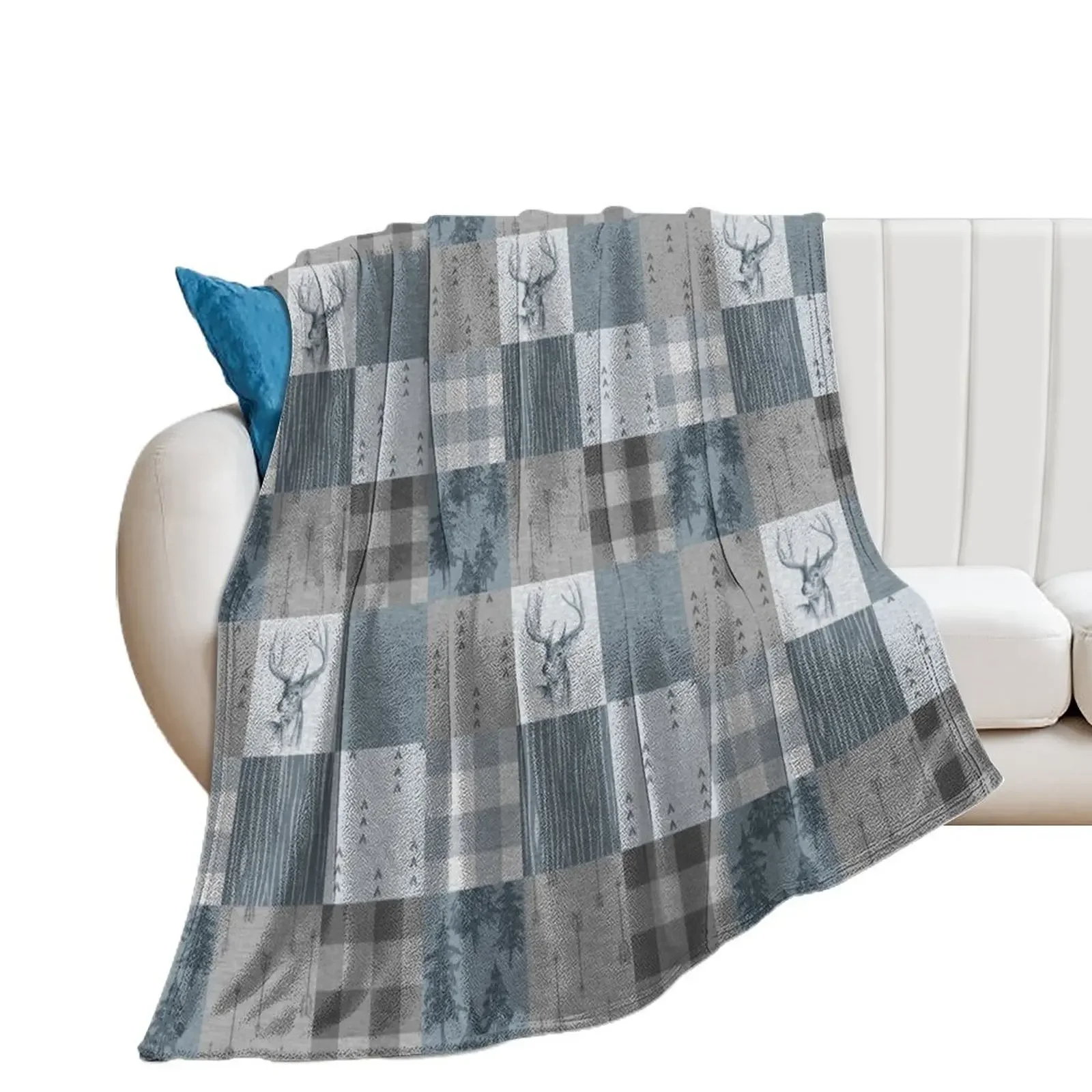 

Deer Patchwork - Rustic Blue And grey Throw Blanket For Decorative Sofa Winter beds Thermal Blankets