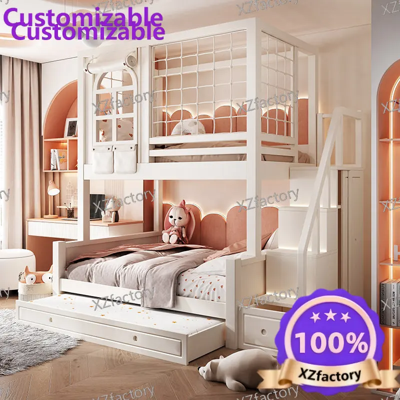 Customizable Solid Wood Bunk Bed for Kids, Height-Adjustable Parent-Child Bed with Tall Guardrail for Boys and Girls