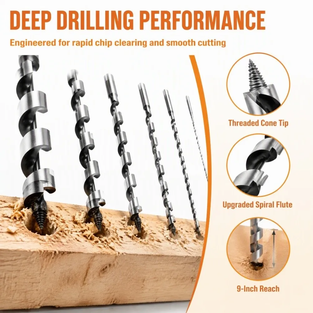 6pcs Hex Shank Auger Drill Bit Set 9 Inch Length 1/4 To 1 Inch Wood Hole Reaming Tool Wooden Storage Box Twist Design