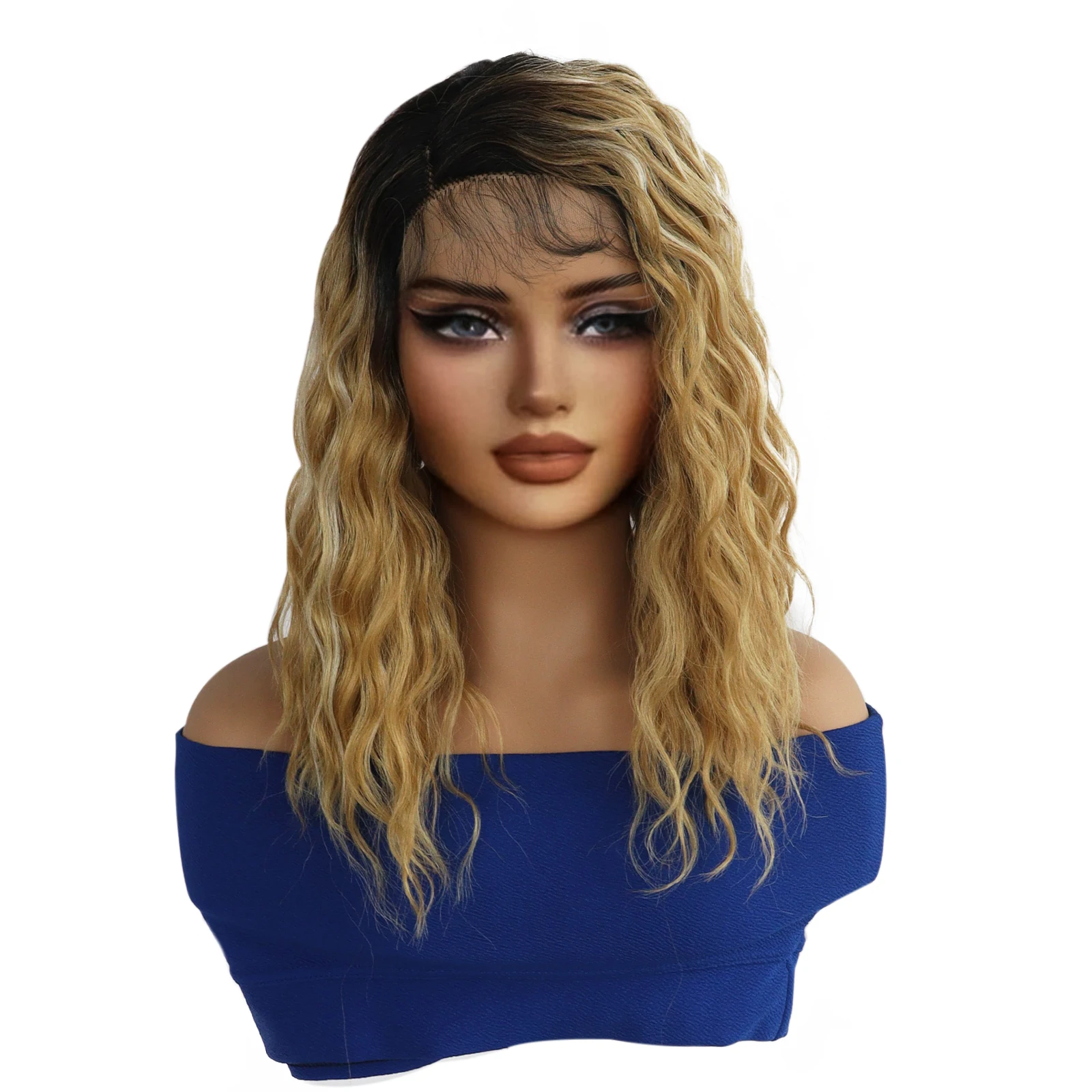 13 * 4 * 1 T-shaped curly wavy dark brown deep root 18 inch medium length side lace front wig, suitable for women Bob lace wig