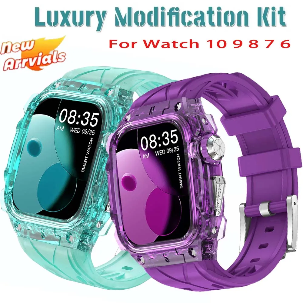 

Роскошный прозрачный чехол для Apple Watch S10 46 мм Ultra 2 49 мм, модификационный комплект для iwatch Series 8 7 6 45/44 мм, резиновый браслет